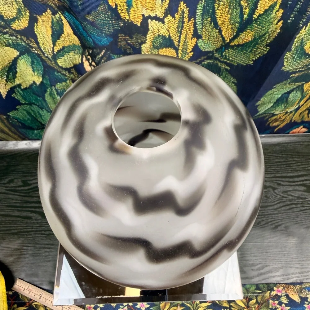 Frosted Art Glass Egg Vase Smoky Grey Wavy Pattern Large Sculptural Vessel 11.5